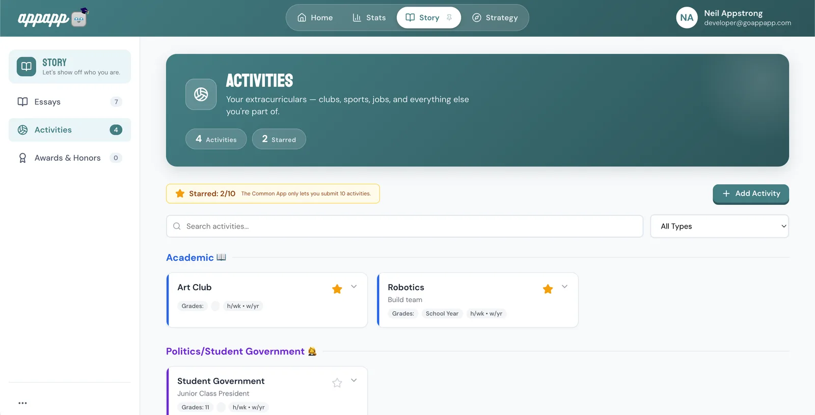 Log every activity, honor, and award. on web